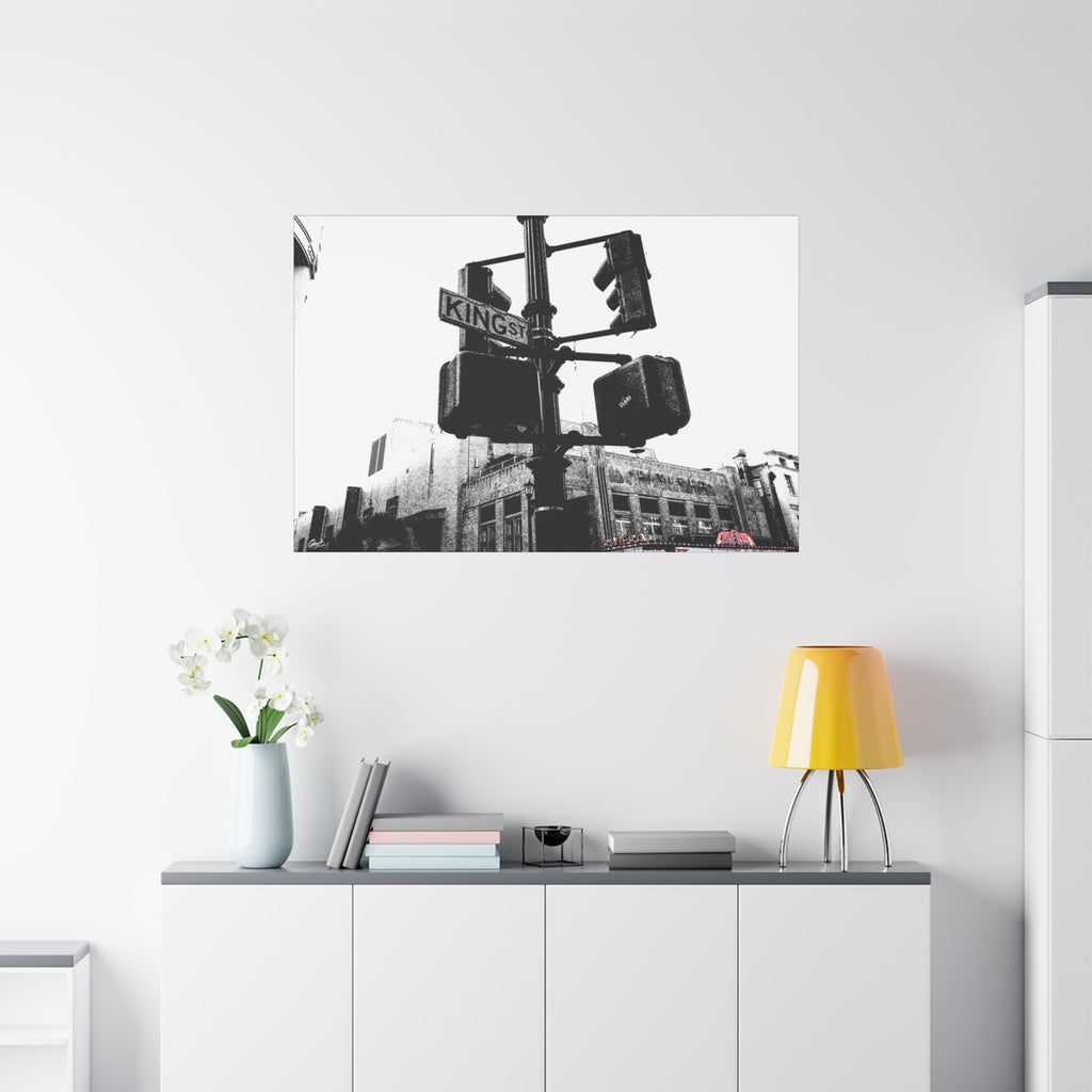 King St medium canvas on a white wall over a sideboard, King Street sign and traffic lights in vintage black and white