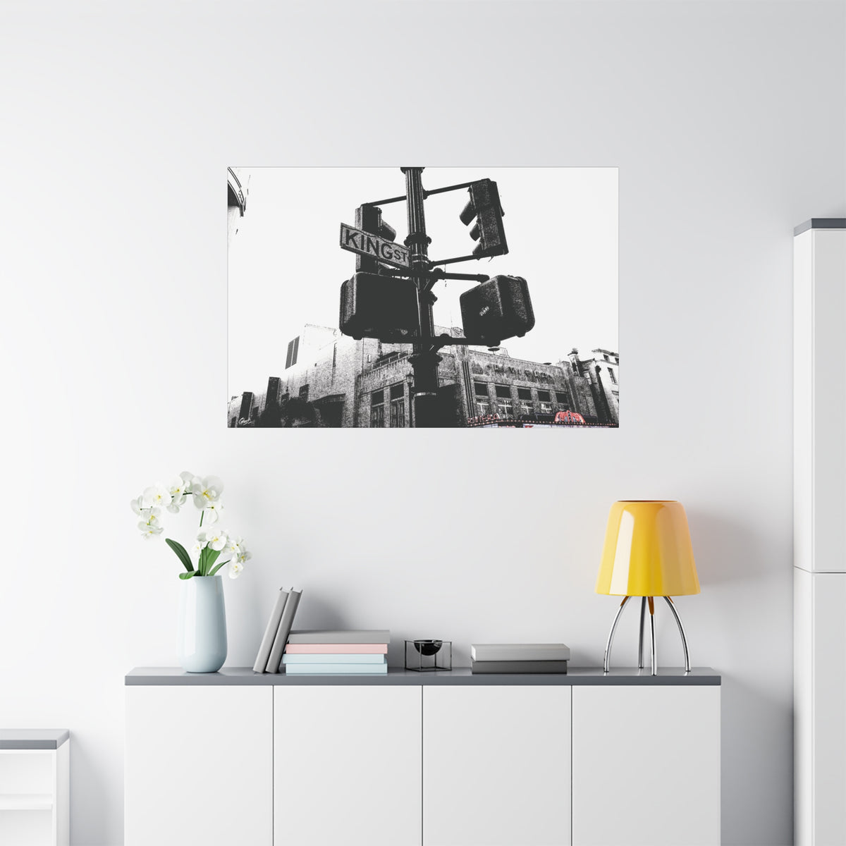King St medium canvas on a white wall over a sideboard, King Street sign and traffic lights in vintage black and white