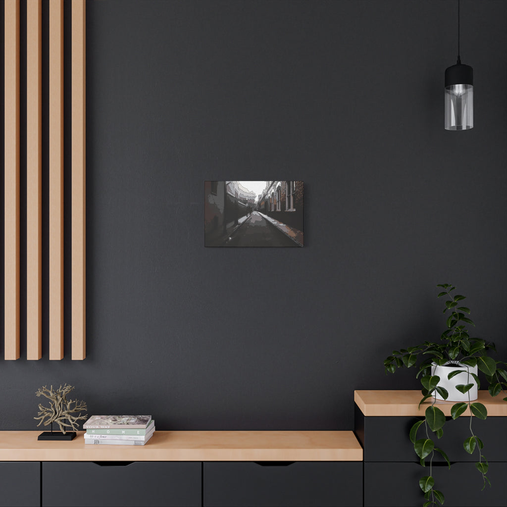 Charleston One Way small canvas on a charcoal wall over an oak shelf, narrow one-way alley in dark, muted tones