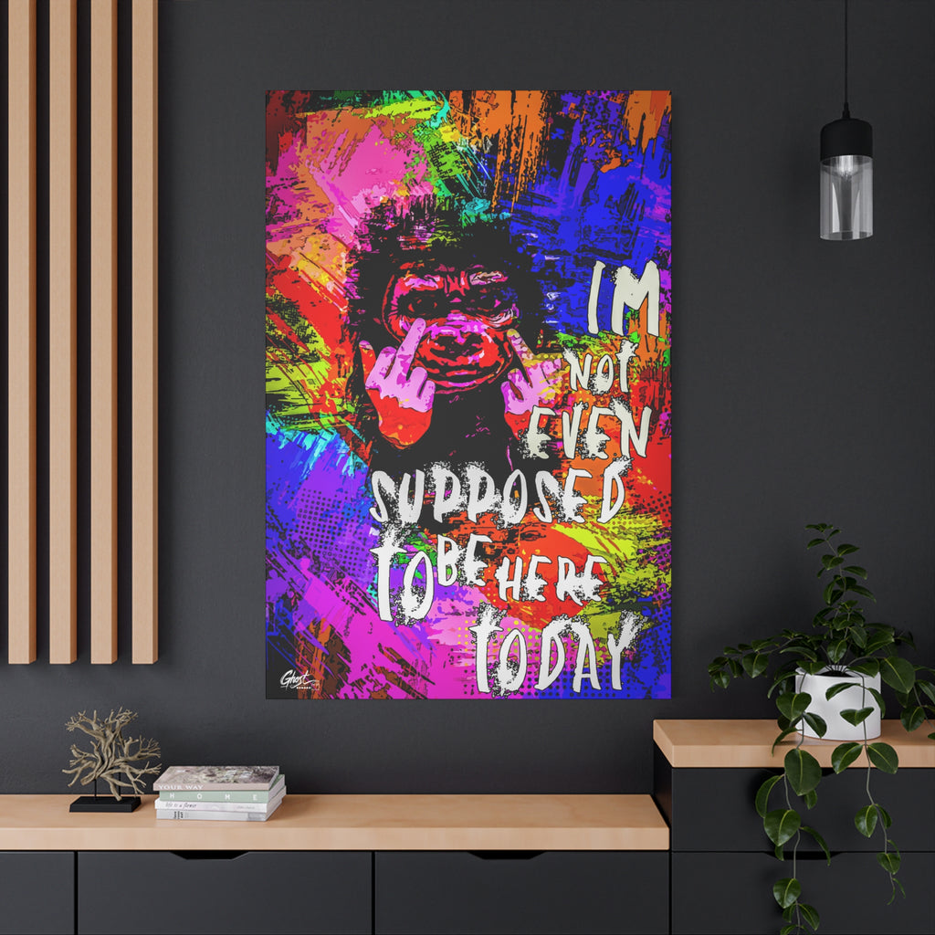 Not Even Supposed to Be Here oversized canvas on a charcoal wall over an oak shelf, neon pop-art ape over bold halftone color
