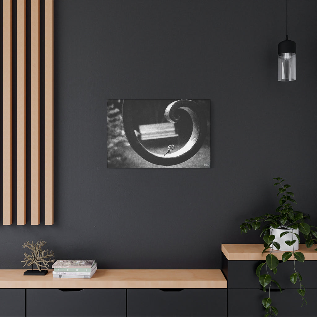 A Man in Charleston large canvas on a charcoal wall by wood slats, tiny running figure inside a curled wrought-iron scroll in grainy black and white