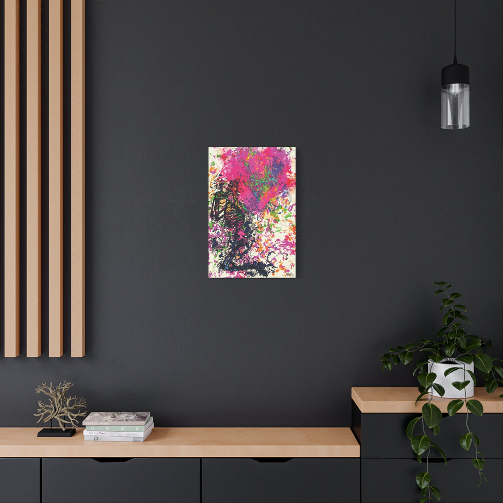 Waiting on My Love canvas on a charcoal wall over an oak shelf, magenta and black splatter heart with a kneeling figure