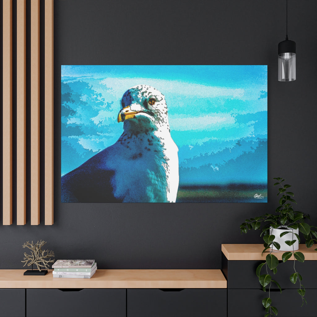 Carolina Seagull canvas on a charcoal wall by wood slats, close-up seagull with a sharp eye and yellow beak on bright blue
