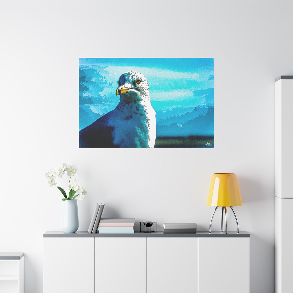 Carolina Seagull large canvas on a white wall over a sideboard, pier seagull close-up in vivid blues