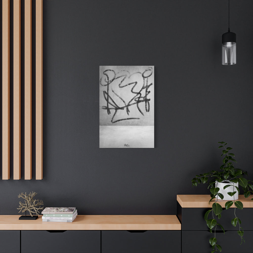 Heartbreak medium canvas on a charcoal wall over an oak shelf, broad black charcoal-style strokes over a pale textured ground