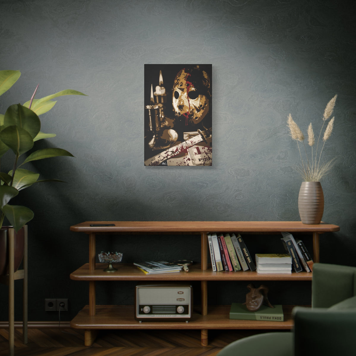 Off the Clock medium canvas on a green-gray wall over bookshelves, bloodied hockey mask beside lit candles and a machete