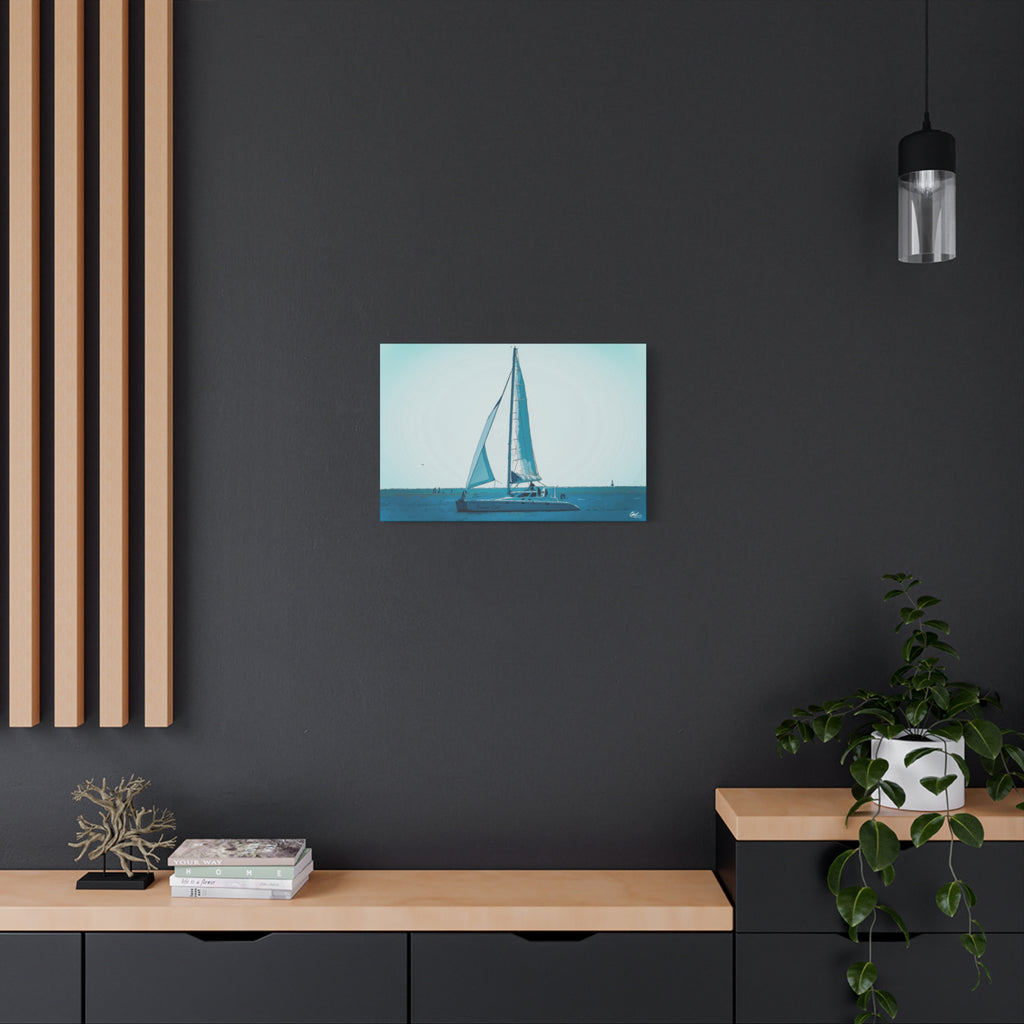 Freedom Sailing medium canvas on a charcoal wall by wood slats, painterly teal seascape with a single sailboat