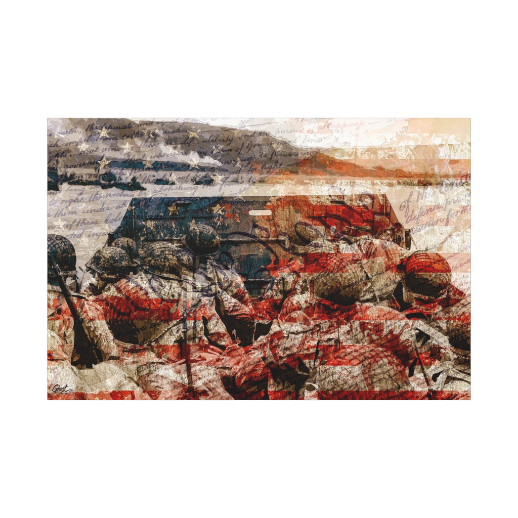 D-Day 75th Anniversary canvas print, front view: soldiers in a landing craft layered with stars and stripes