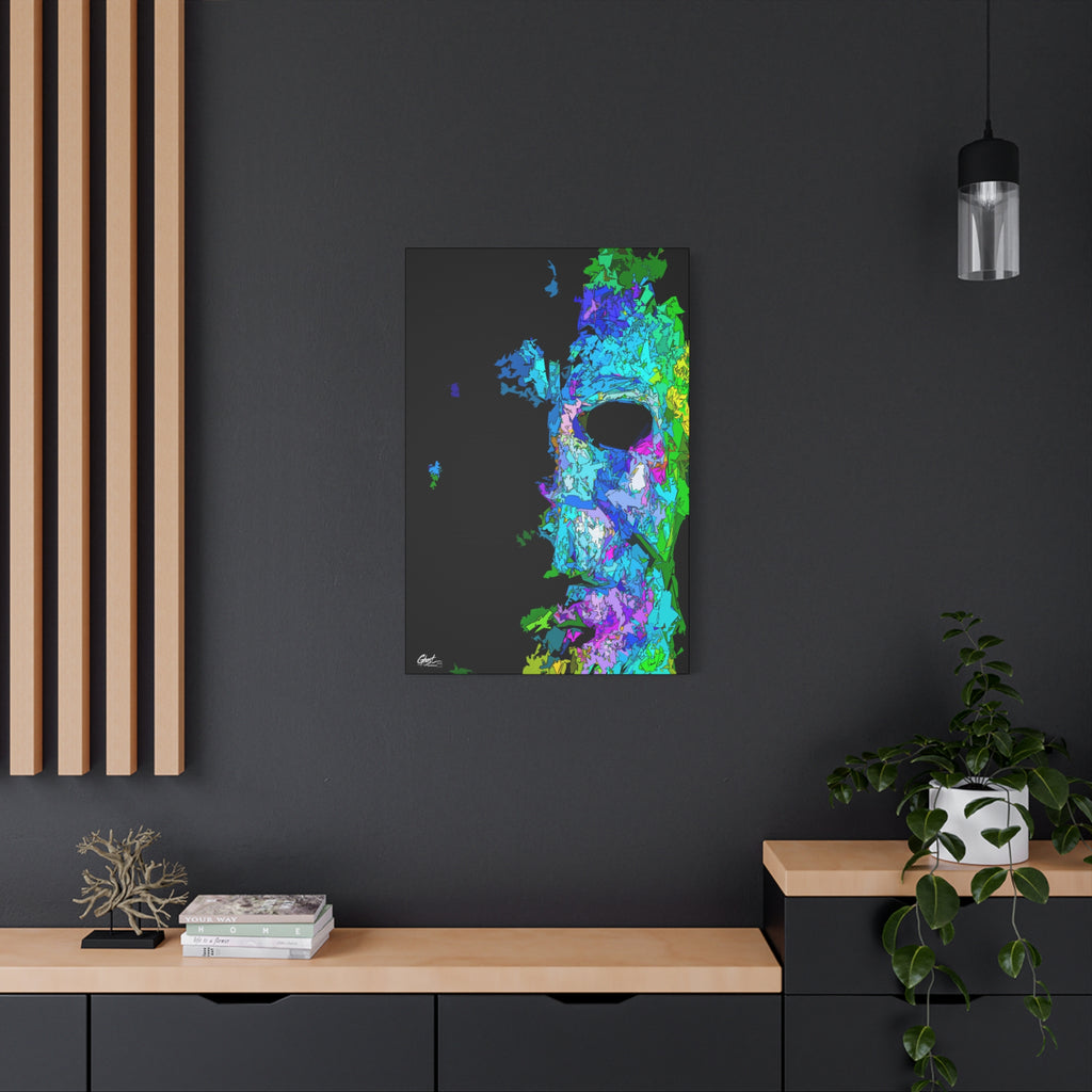 Stalk at Night, Prism Edition medium canvas on a charcoal wall over an oak shelf, neon triangle-shard mask