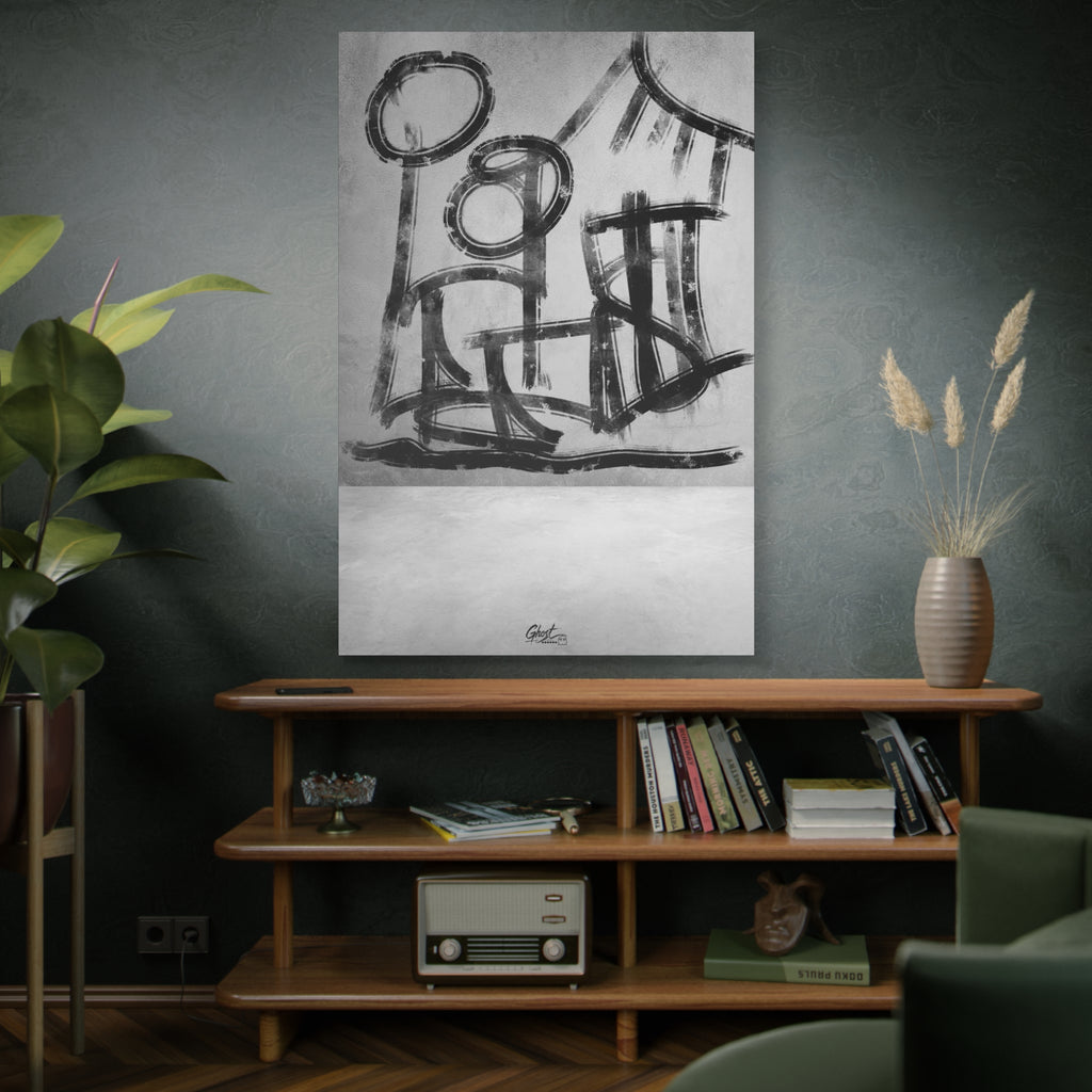 The Question oversized canvas on a green-gray wall over bookshelves, sketchbook-style black-and-white abstract