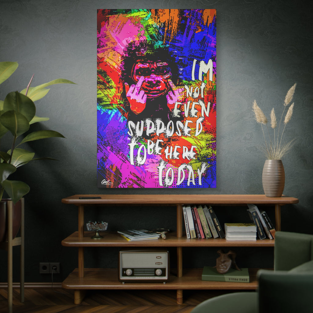 Not Even Supposed to Be Here canvas on a green-gray wall over bookshelves, neon pop-art ape over bold halftone color