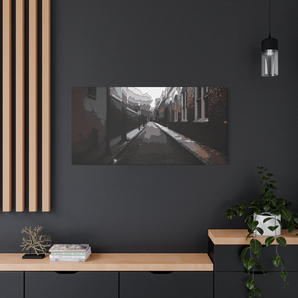 Charleston One Way medium canvas on a charcoal wall over an oak shelf, narrow one-way alley in dark, muted tones
