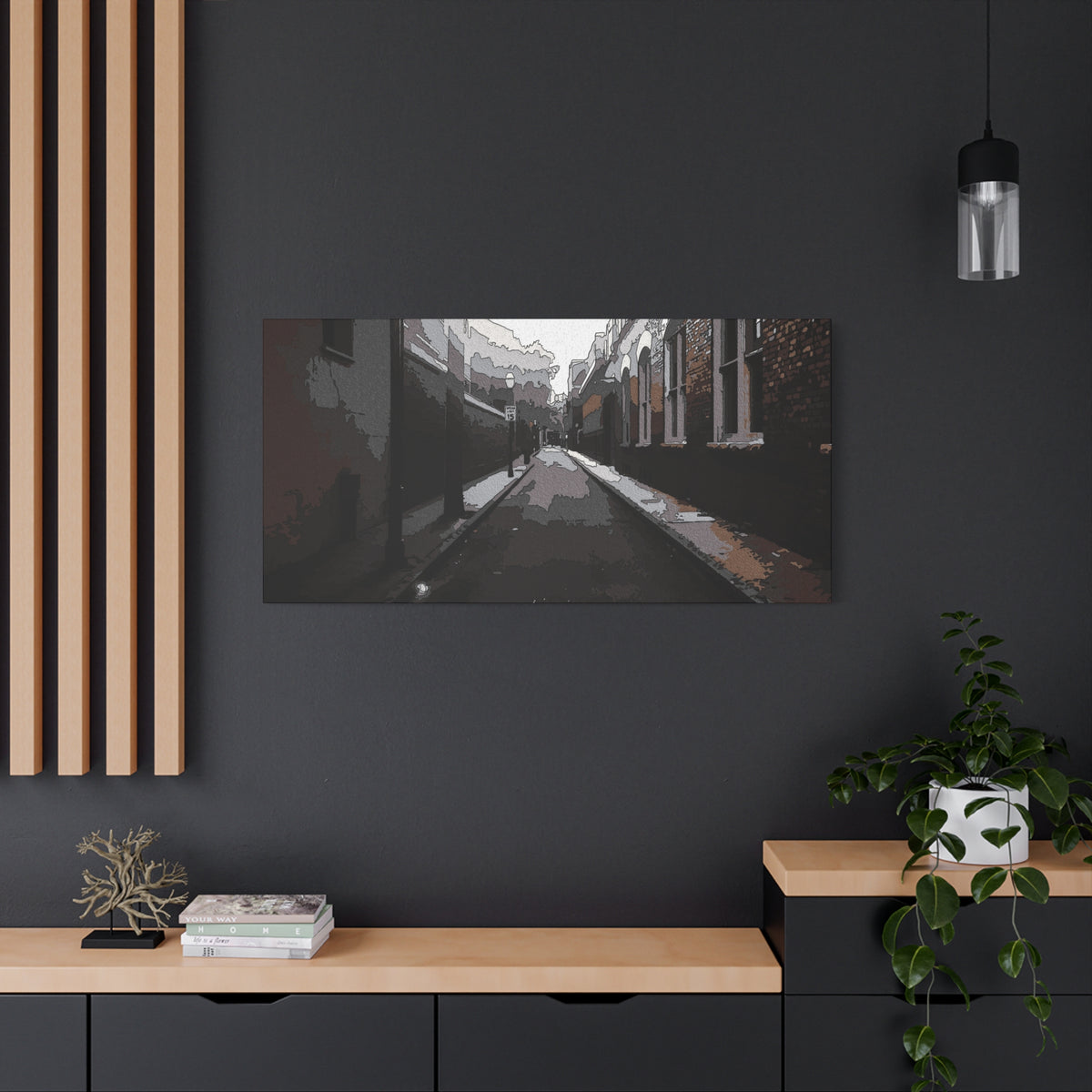 Charleston One Way medium canvas on a charcoal wall over an oak shelf, narrow one-way alley in dark, muted tones