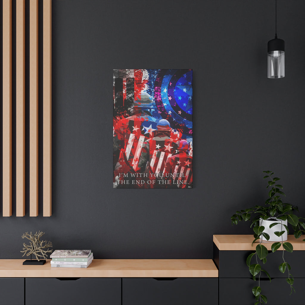 9/11 Never Forget medium canvas on a charcoal wall over an oak shelf, patriotic tribute in red, white, blue and smoke gray