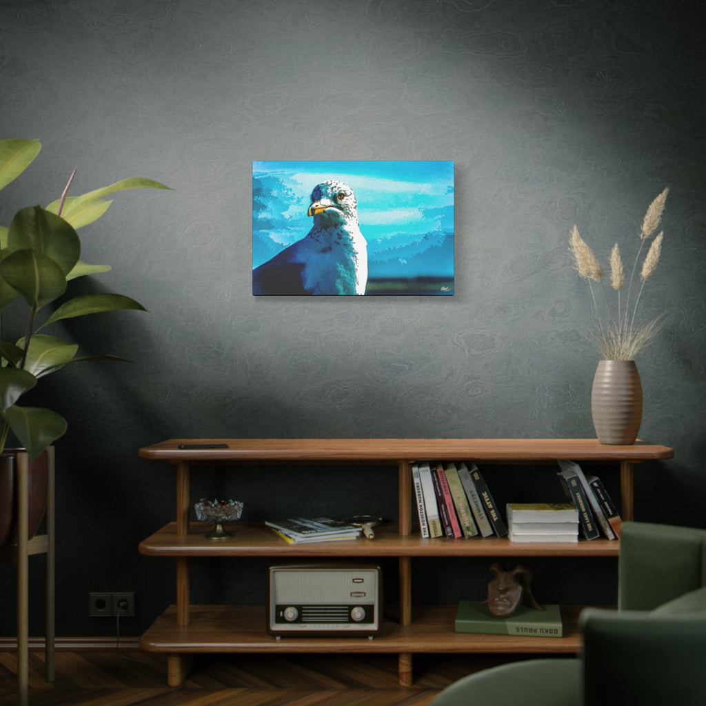 Carolina Seagull medium canvas on a green-gray wall over bookshelves, pier seagull close-up in vivid blues