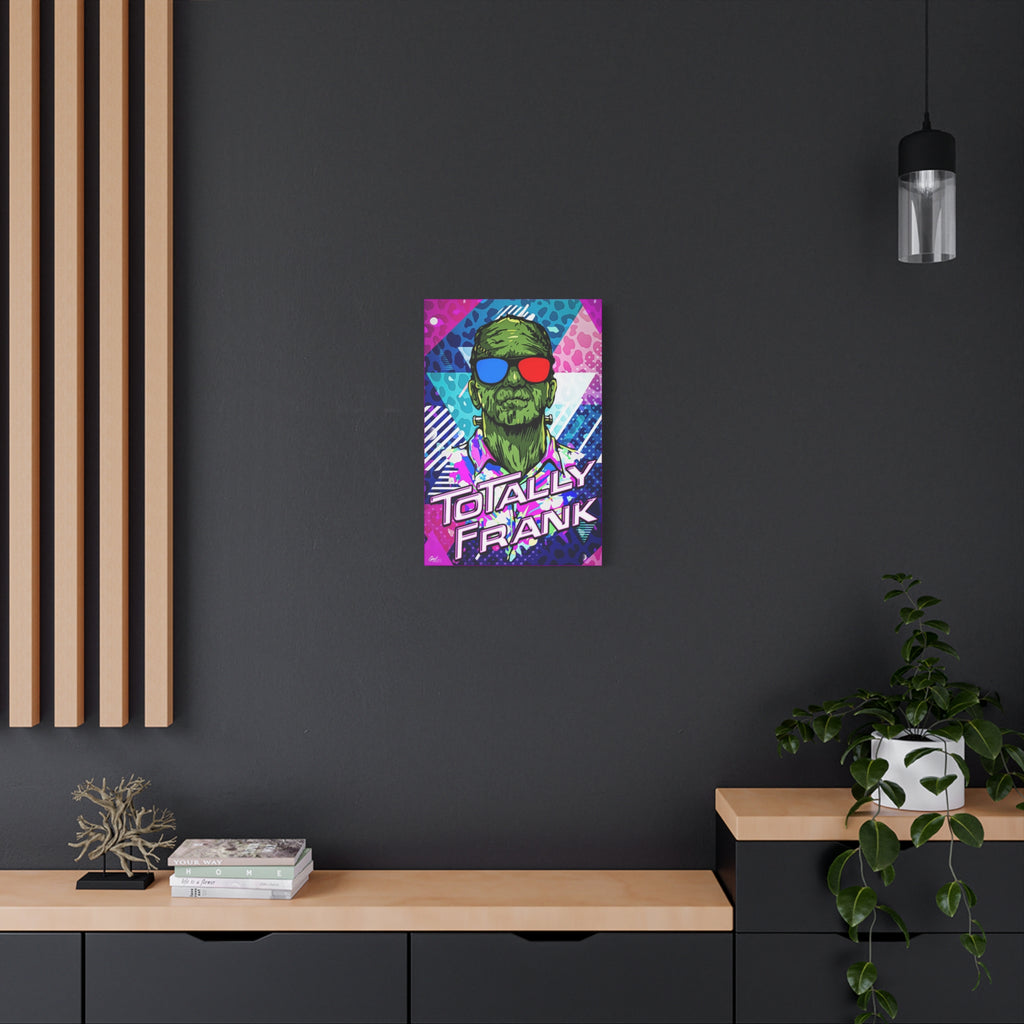 Monster Vibes small canvas on a charcoal wall by wood slats, neon pop-art monster with bold block lettering
