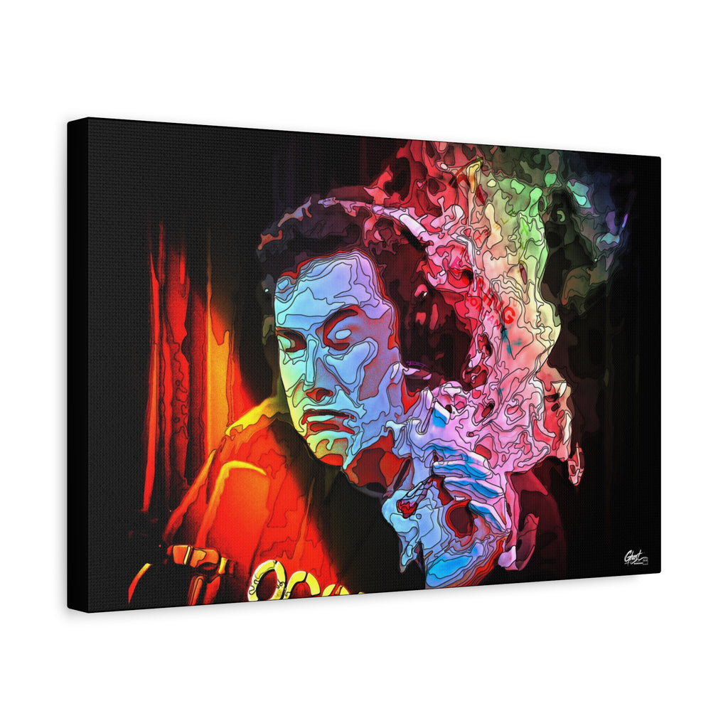Launch Window canvas, angled view of the gallery-wrapped edge: ice-blue portrait with an eruption of psychedelic smoke