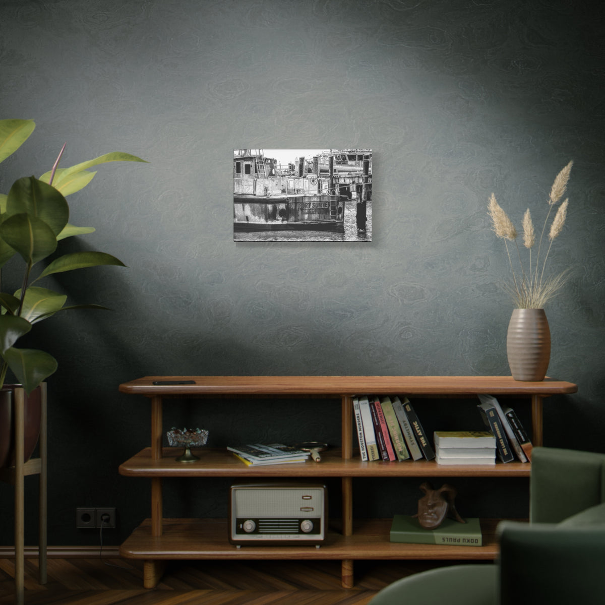 Fort Sumter Original small canvas on a green-gray wall over bookshelves, weathered harbor boat sketched over in pen