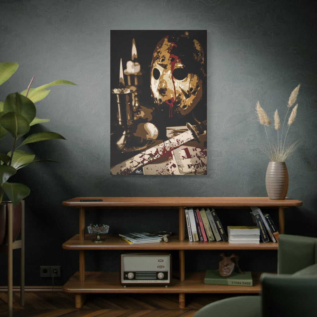Off the Clock large canvas on a green-gray wall over bookshelves, sepia horror still life by candlelight