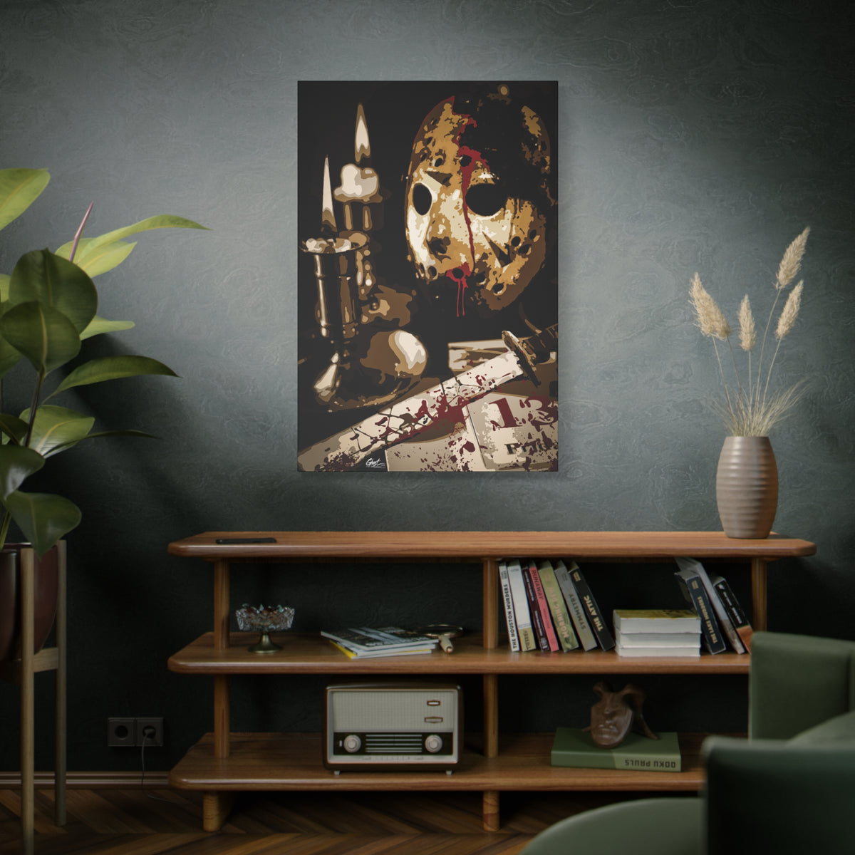 Off the Clock large canvas on a green-gray wall over bookshelves, sepia horror still life by candlelight