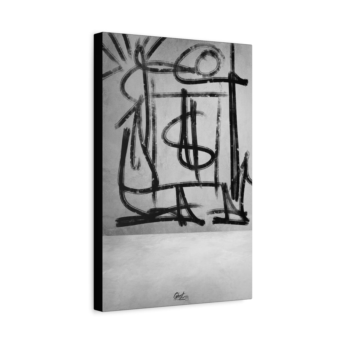 Best Day Ever canvas, angled view of the gallery-wrapped edge: bold charcoal strokes tracing playful abstract shapes