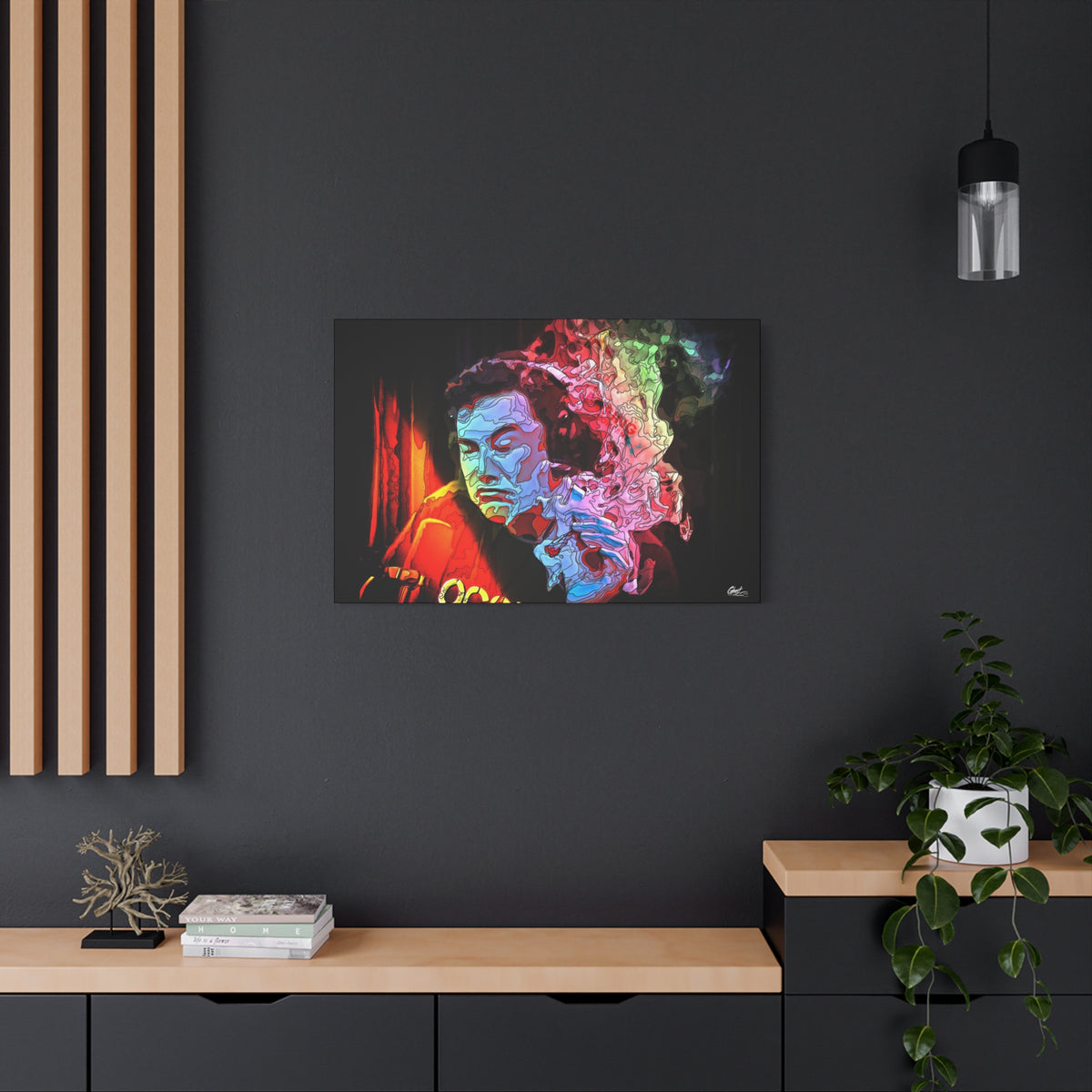 Launch Window medium canvas on a charcoal wall over an oak shelf, ice-blue portrait with an eruption of psychedelic smoke