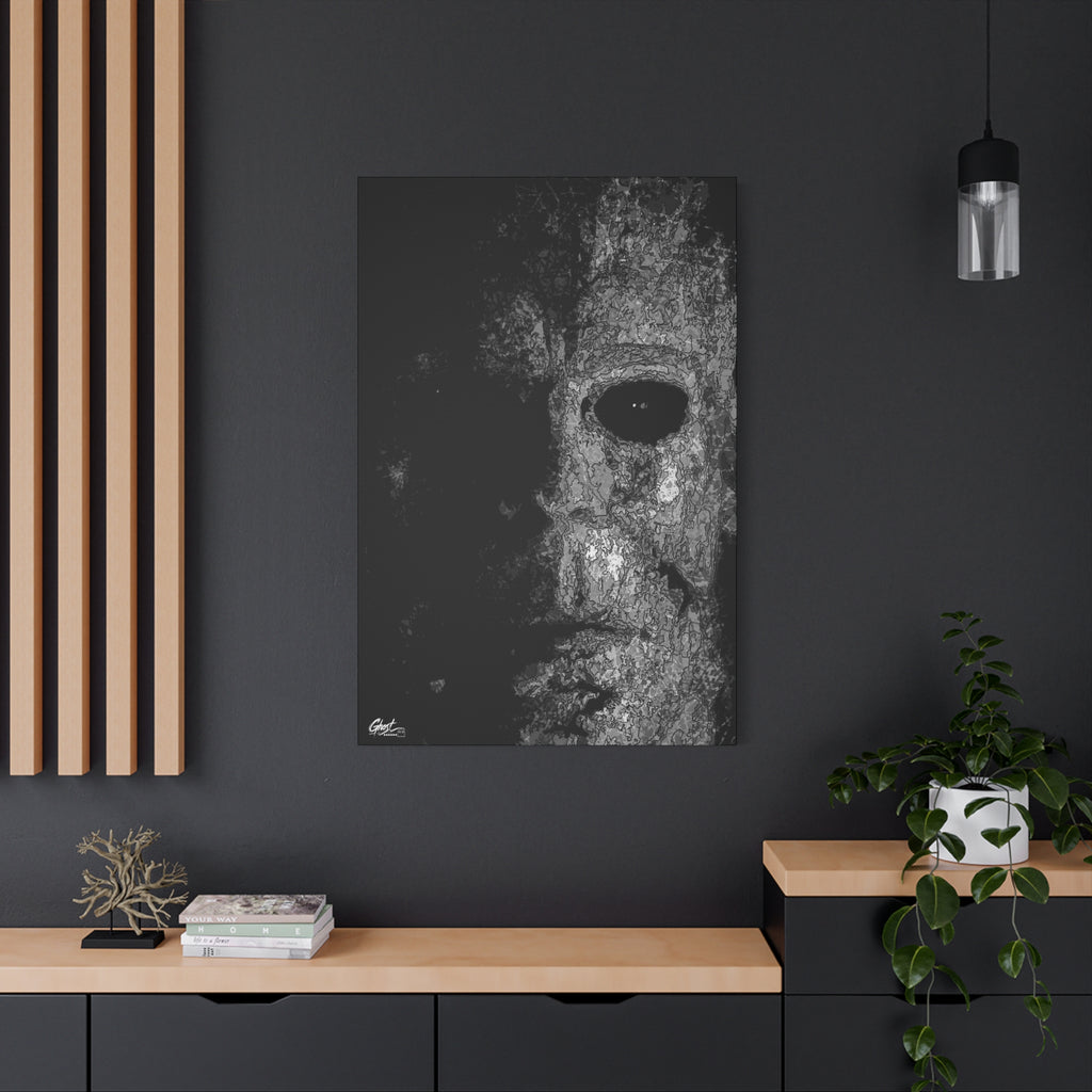 Stalk at Night large canvas on a charcoal wall by wood slats, pale mask in black-and-white pen sketch, half in shadow