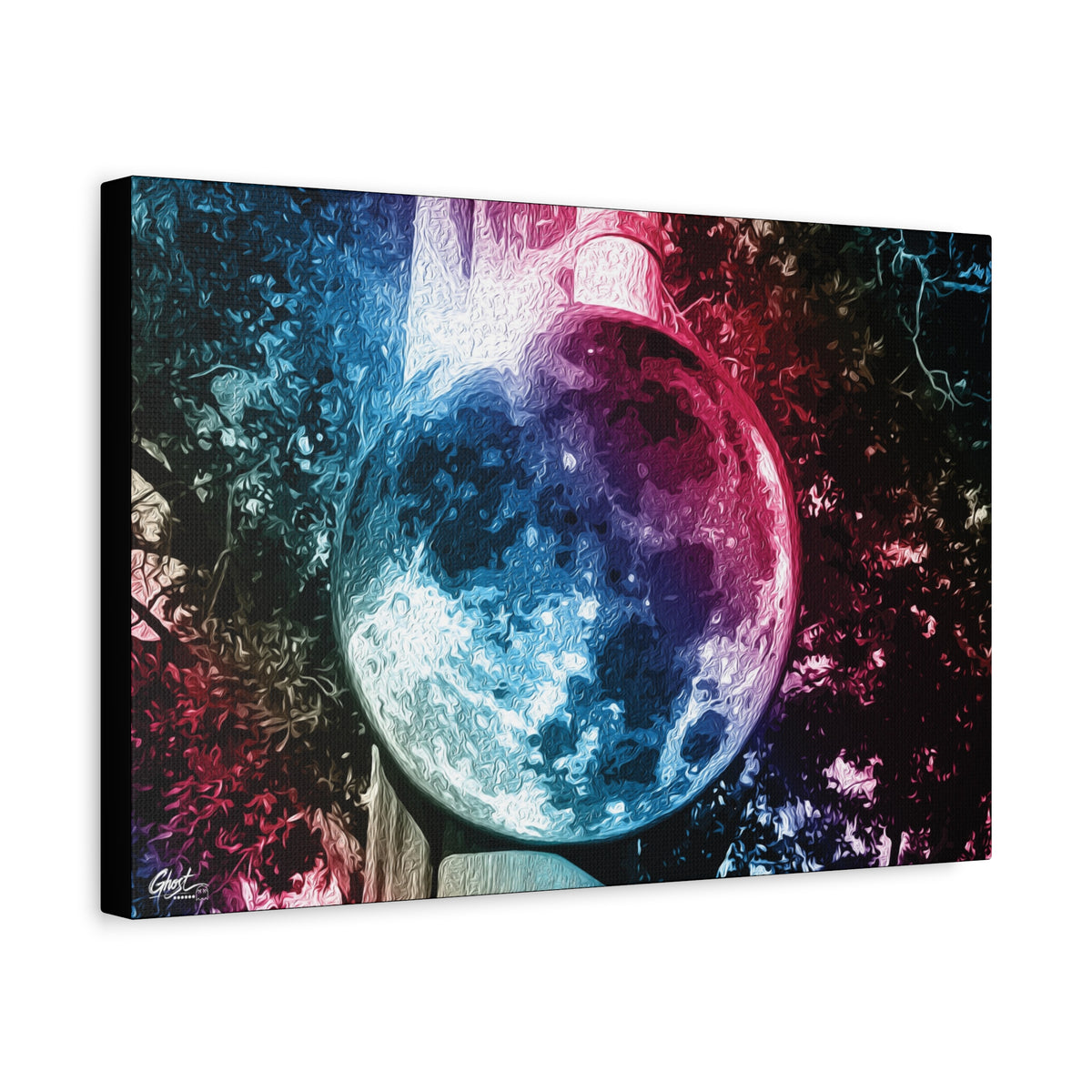 Universe in a Mirror canvas, angled view of the gallery-wrapped edge: glowing mirrored orb floating in a dreamy pink-blue sky
