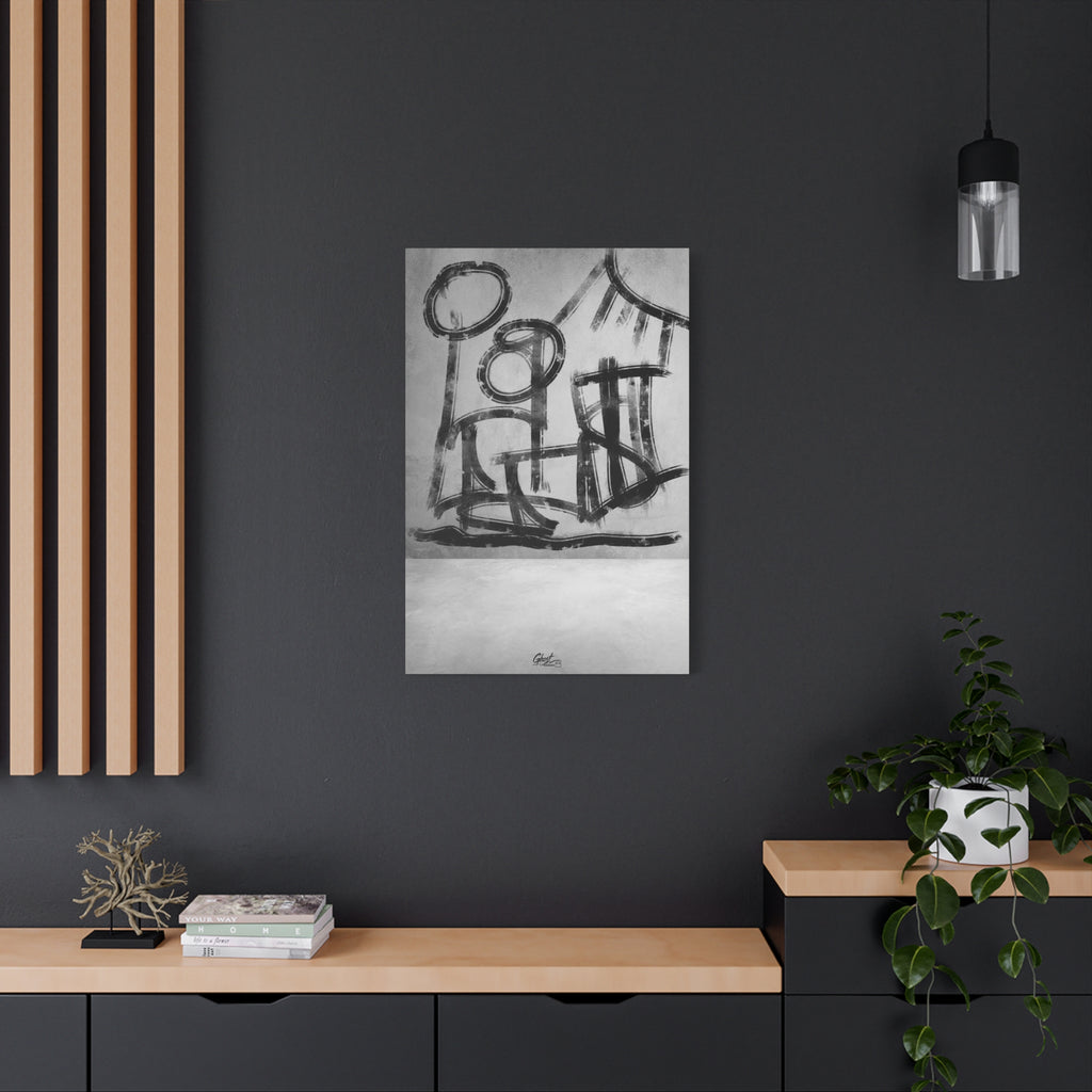 The Question canvas on a charcoal wall by wood slats, hand-brushed black arcs reading as figures and a horizon