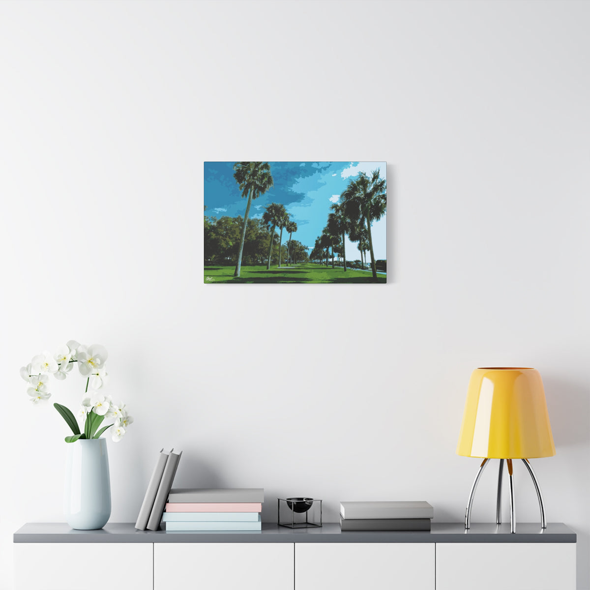 The Battery (Original) medium canvas over a console with white flowers, tall palms, green lawns and blue sky at the Battery