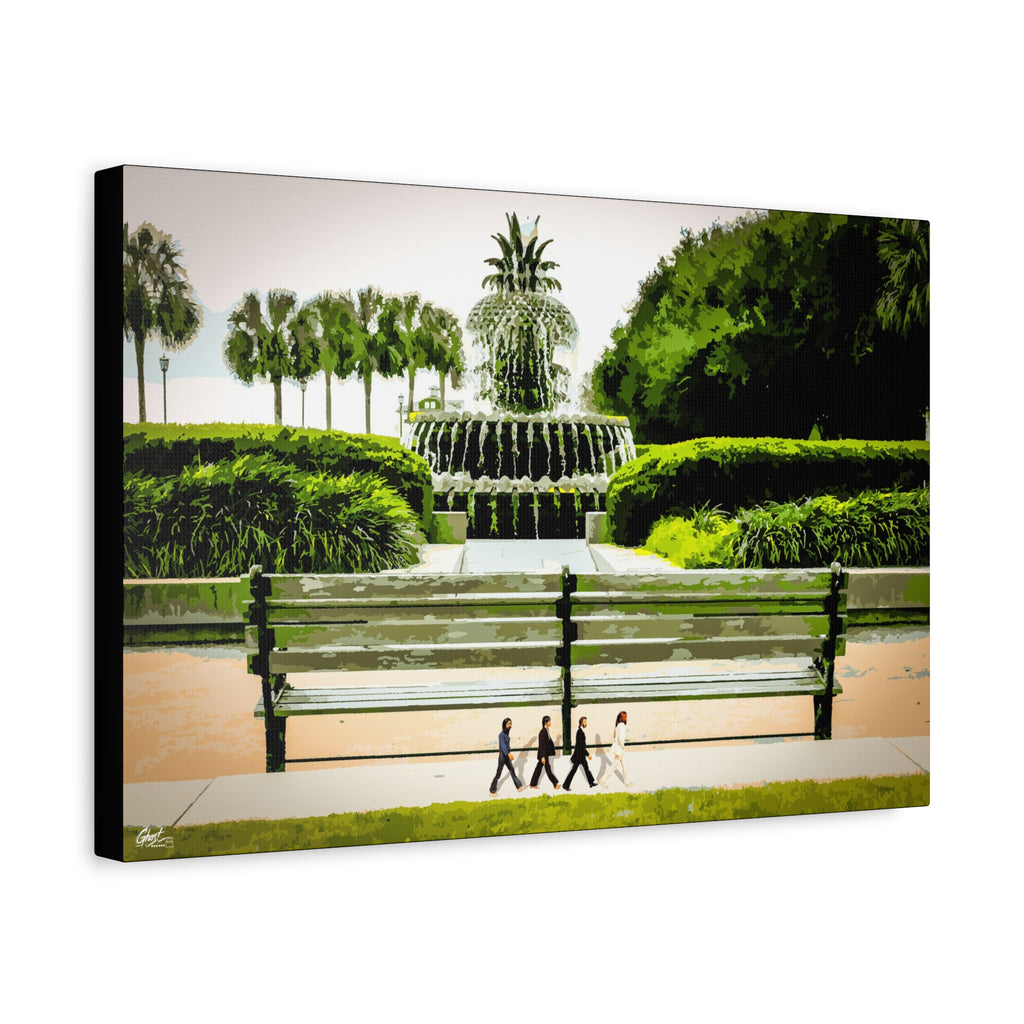 Pineapple Crossing canvas, angled side view: Pineapple Fountain with palmettos, hedges and four walkers