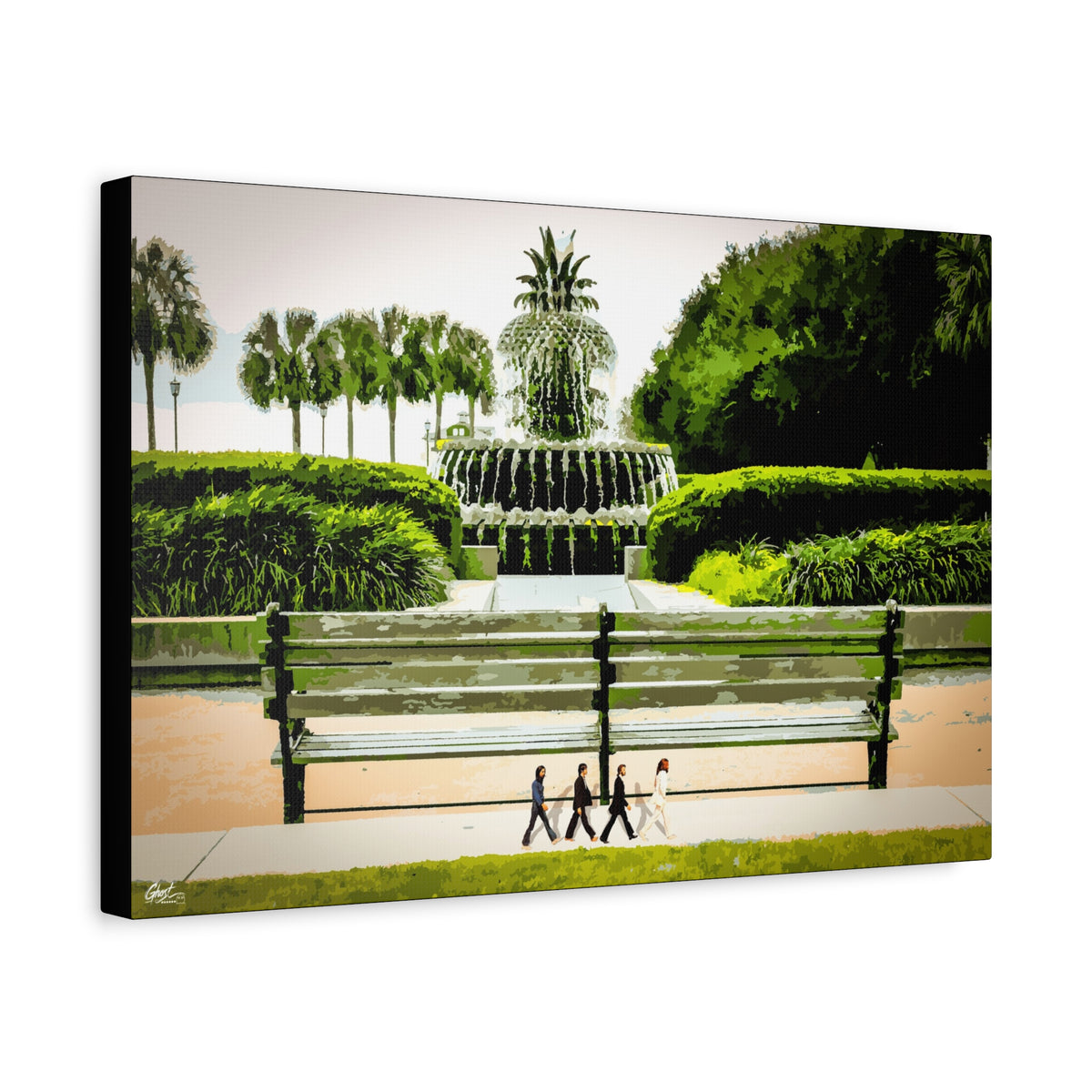 Pineapple Crossing canvas, angled side view: Pineapple Fountain with palmettos, hedges and four walkers