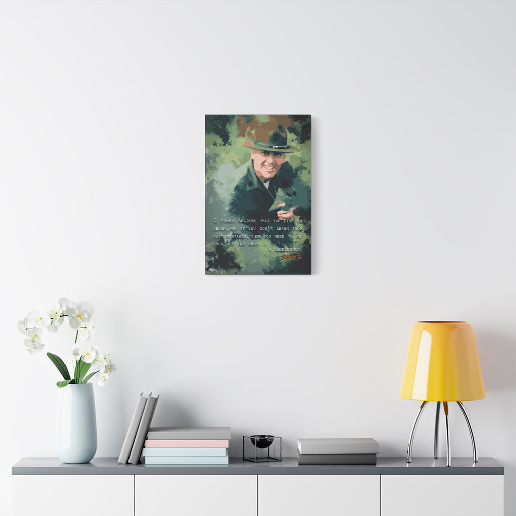 Live and Learn medium canvas over a console with white flowers, grinning drill instructor in olive and forest green