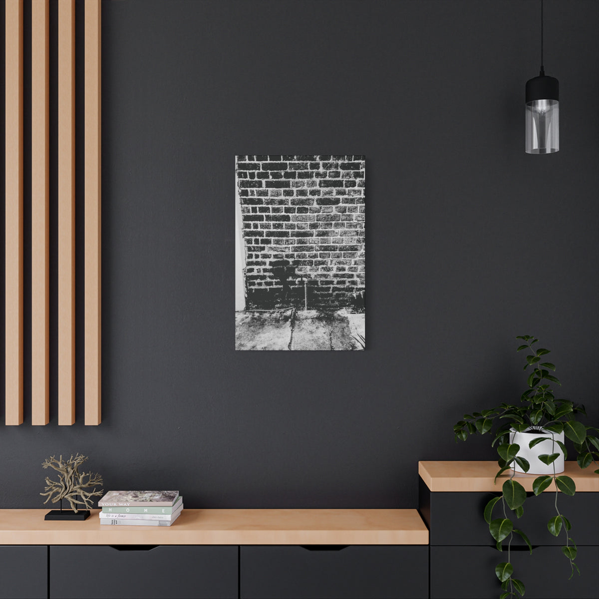 A Little Hiking in Charleston medium canvas on a charcoal wall over an oak shelf, stencil hiker on old brick