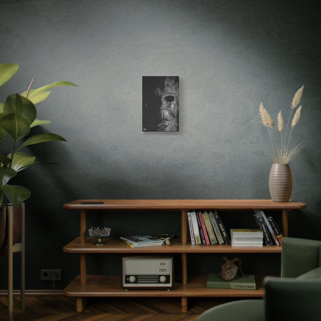Stalk at Night small canvas on a green-gray wall over bookshelves, scratchy pen-and-ink mask emerging from darkness
