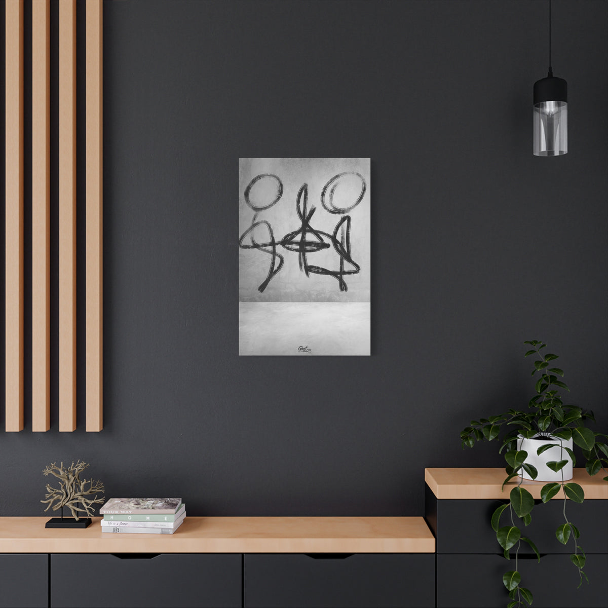 Infinity medium canvas on a charcoal wall over an oak shelf, looping black-and-white brushstroke figures in balance