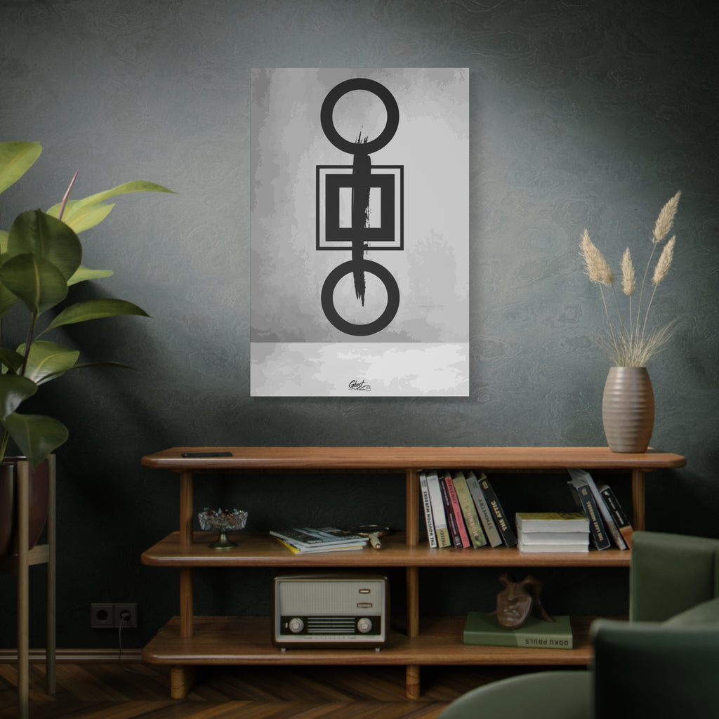 Down is Up large canvas above a wooden bookshelf, circles and squares crossed by a bold black brushstroke