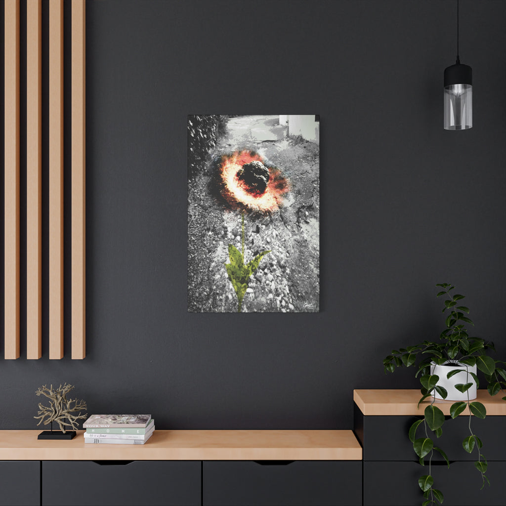 Meteor Flower canvas on a charcoal wall by wood slats, pothole crater ringed in orange, red and yellow like a flower
