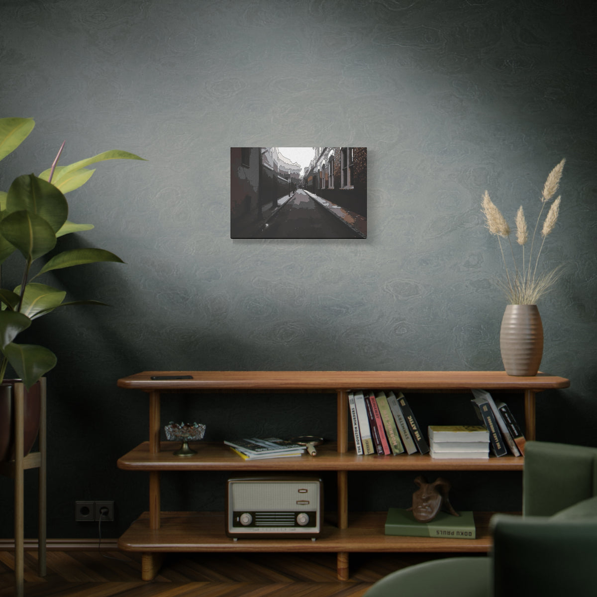 Charleston One Way medium canvas above a wooden bookshelf, narrow one-way alley in dark, muted tones