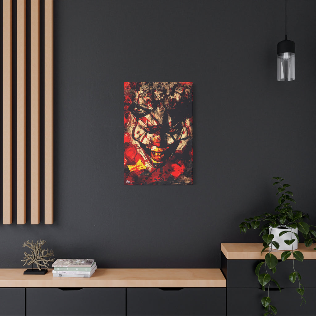 Down in a Drain medium canvas on a charcoal wall over an oak shelf, leering clown face in distressed red, black and cream