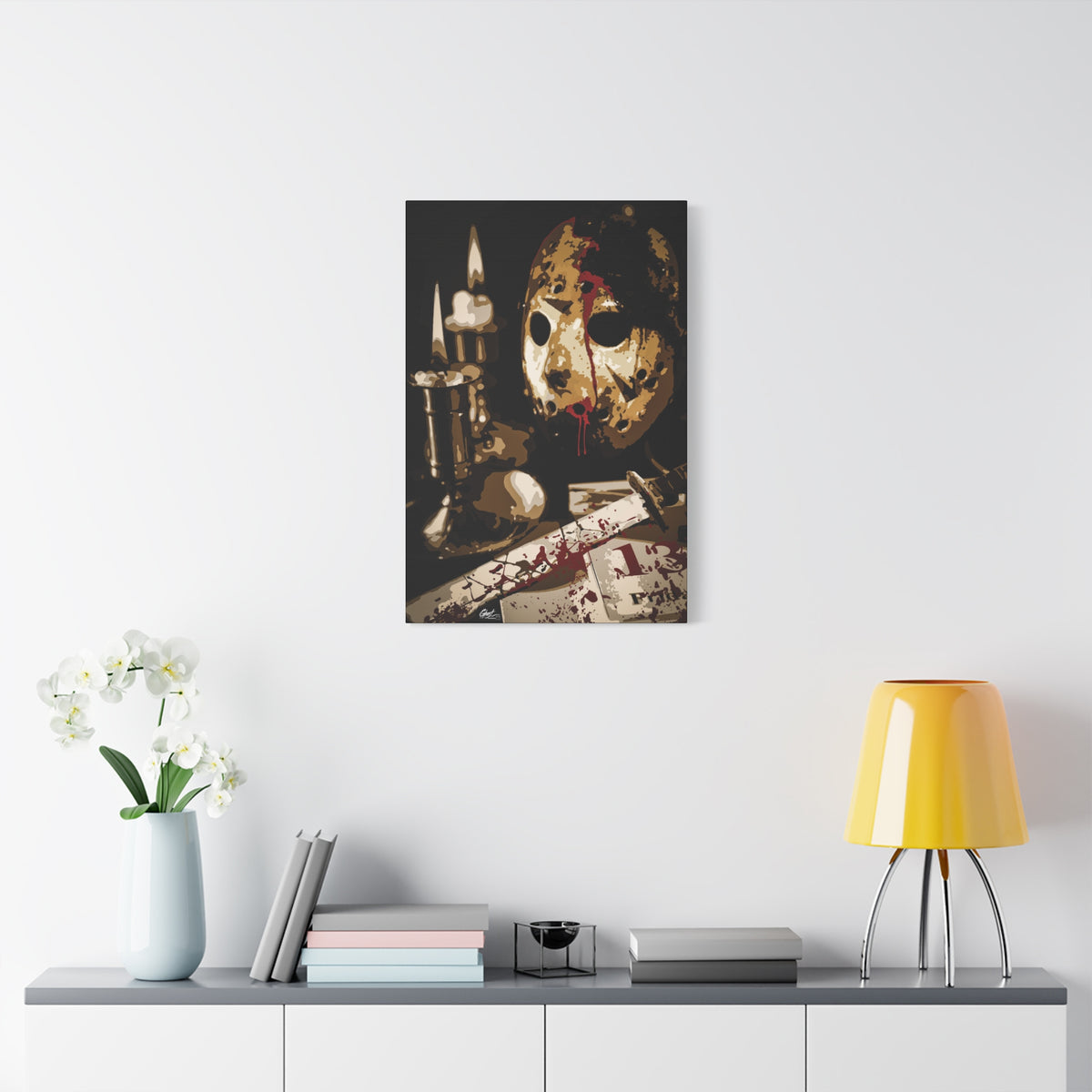 Off the Clock large canvas on a white wall above a console, sepia horror still life by candlelight