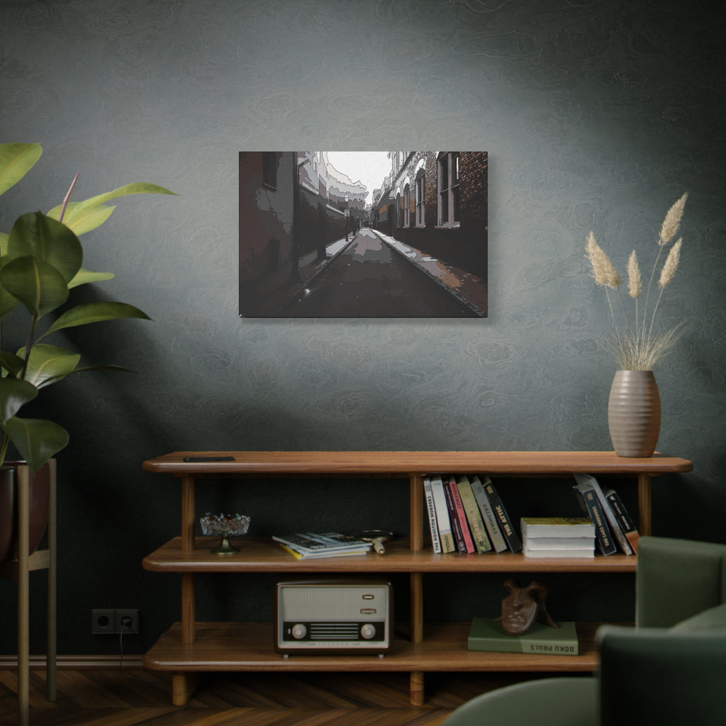 Charleston One Way large canvas above a wooden bookshelf, moody alley with old brick walls and long shadows