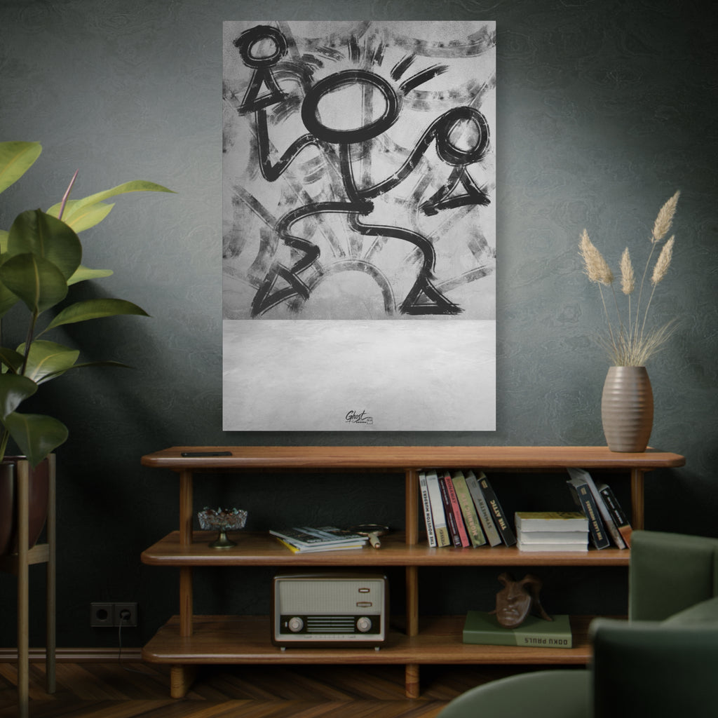 Trapped oversized canvas on a green-gray wall over bookshelves, raw charcoal-style abstract figure in motion