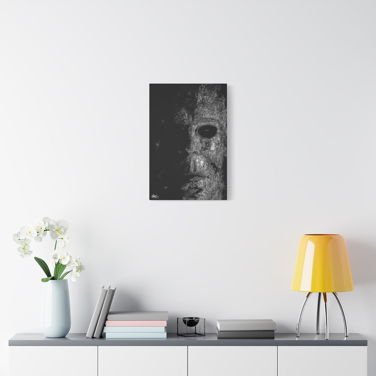 Stalk at Night medium canvas over a console with white flowers, pale mask in black-and-white pen sketch, half in shadow