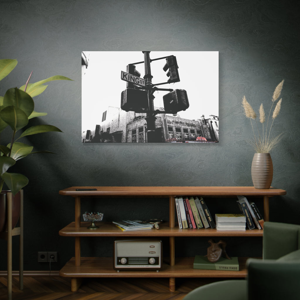 King St large canvas above a wooden bookshelf, black-and-white King Street signals and the Riviera Theatre