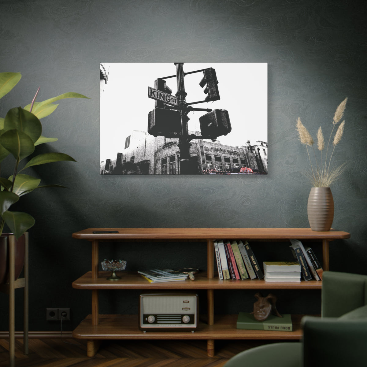 King St large canvas above a wooden bookshelf, black-and-white King Street signals and the Riviera Theatre