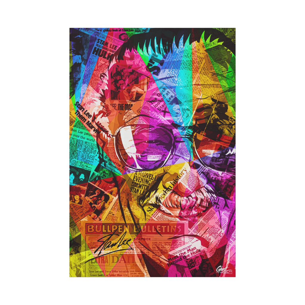 The Man the Myth the Legend canvas print, front view: comic-page collage face in aviators split into neon color bands