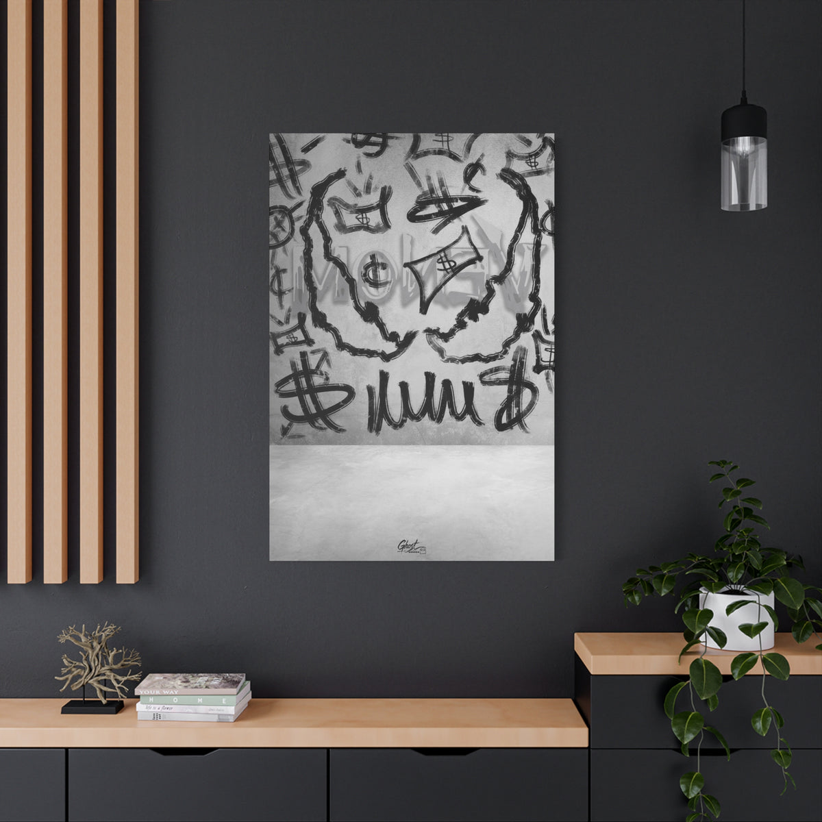 We Are Money large canvas on a charcoal wall by wood slats, graffiti-style black marks and tags on a pale base