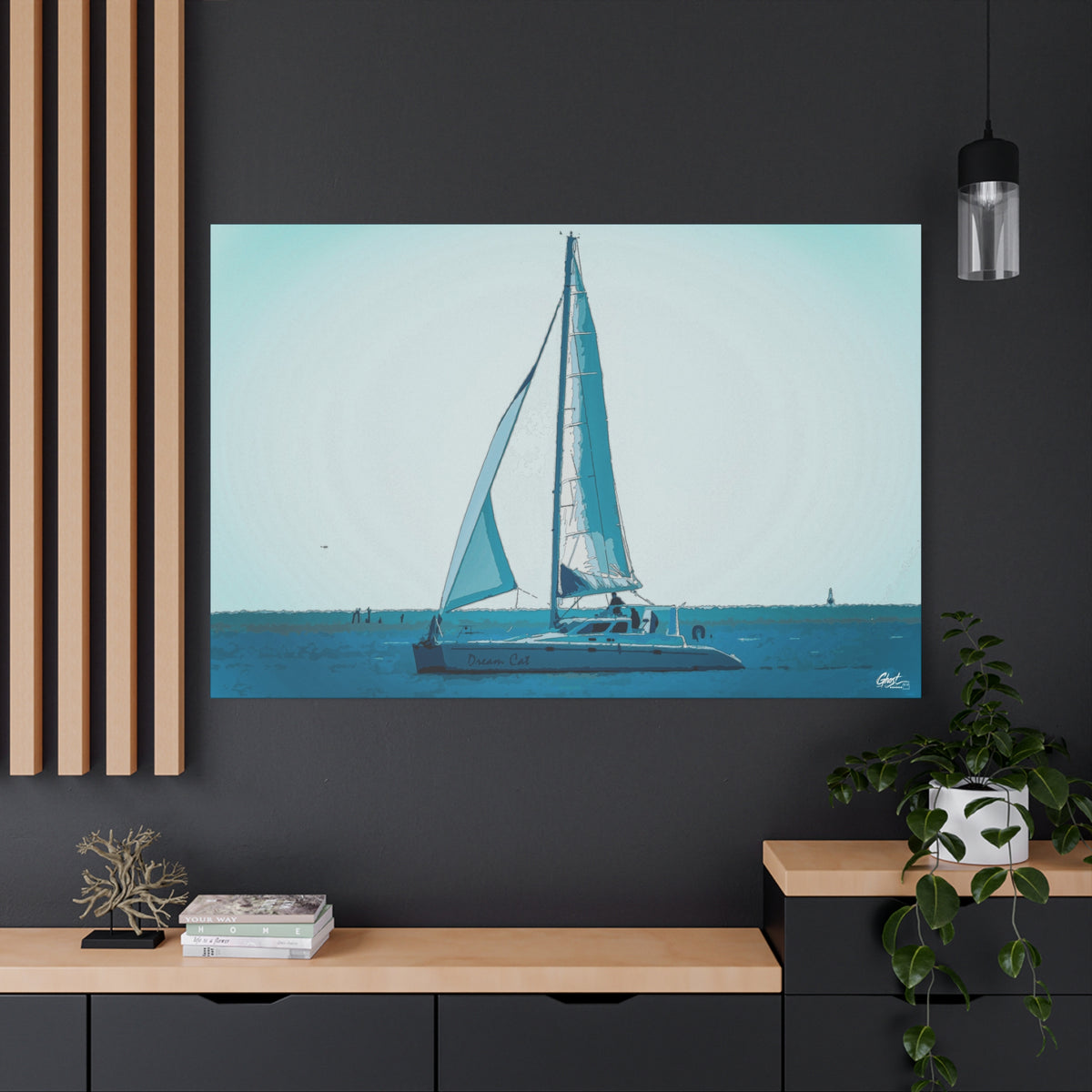 Freedom Sailing oversized canvas on a charcoal wall by wood slats, lone sailboat on soft aqua and teal water
