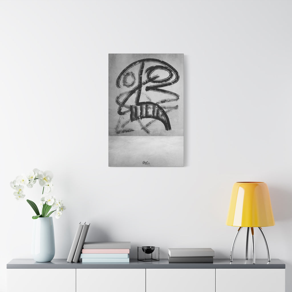 The Mask large canvas on a white wall above a console, smudged charcoal-style abstract face